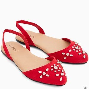 RED FAUX SUEDE EMBELLISHED SLINGBACK FLAT